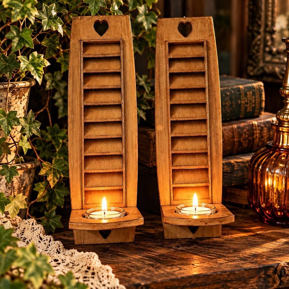 Vintage Wooden Wall Candle Sconces Pair, Rustic Ladder Back Candle Holders